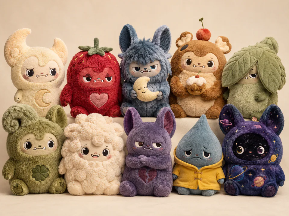 MOONWILD original collectible plush family featuring NIBBI, BERRY GRUMP, NOX, MUNCHI, PEEKY, LUCKLOP, FLOOF, SNARKY, DRIPPO and ORBI