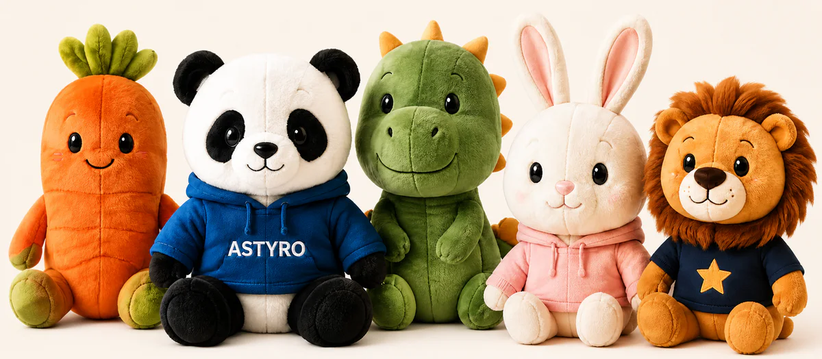 Astyro carrot, panda, dragon, rabbit and lion plush character collection